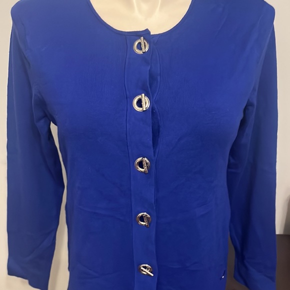 Women’s CALVIN KLEIN Soft Knit Tan Cardigan Sweater Blue Toggle Closure Lg - Picture 4 of 10